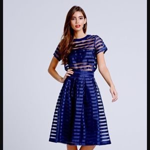 Indigo ribbon stripe sheer overlay top mesh zip-up